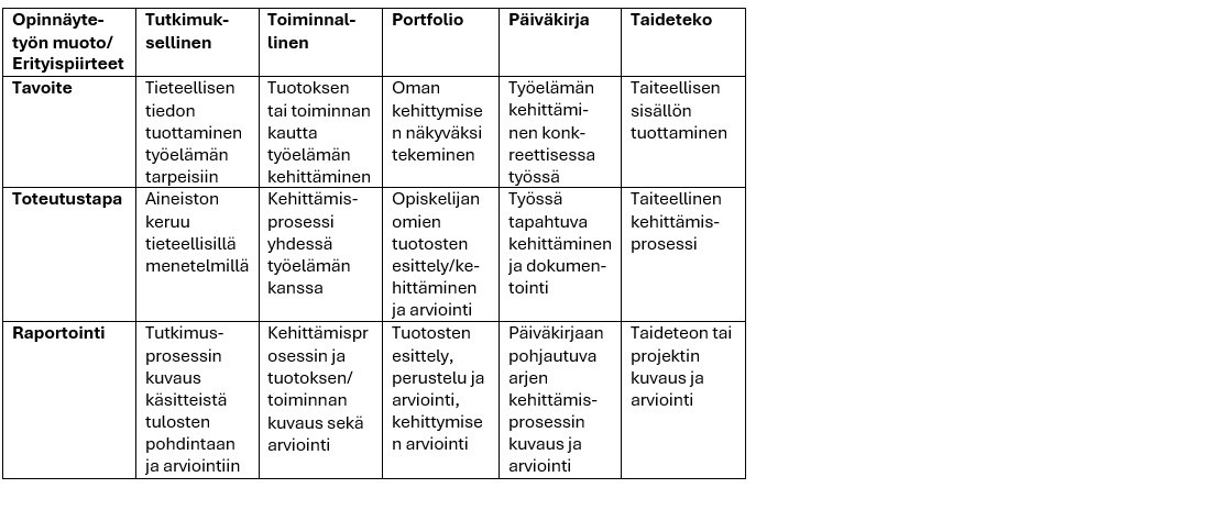 TAMKin opinnäytetyön eri muodot on kuvattu tässä taulukossa. Kuvaukset löytyvät myös leipätekstistä.