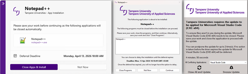 Windows ohjelmistopäivityksiin liittyviä ilmoitusikkunoita