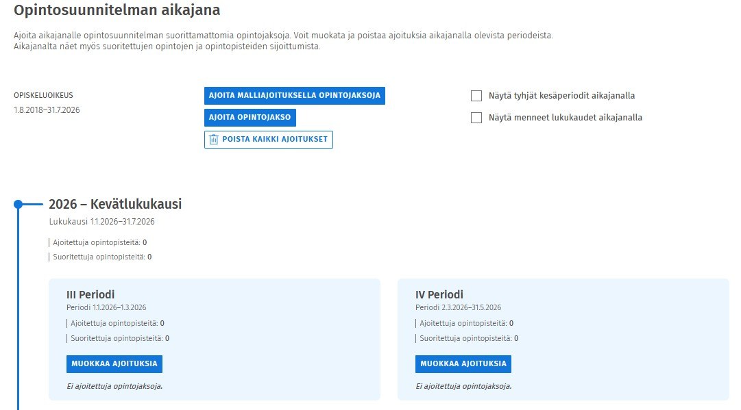 Sisu opiskelijan ajoitusnäkymä