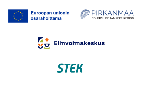 Euroopan unionin osarahoittama-, Pirkanmaan liitto-, Elinvoimakeskus- ja STEK-logot.