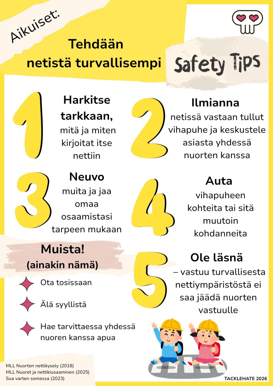 Infograafi vinkkejä aikuisille netin turvalliseksi tekemisen suhteen. Harkitse tarkkaan, mitä ja miten kirjoitat itse nettiin. Ilmianna vihapuhe, neuvo muita ja auta vihapuheen kohteita. Ole läsnä, ota kertomukset tosissaan, älä syyllistä ja hae tarvittaessa yhdessä nuoren kanssa apua.