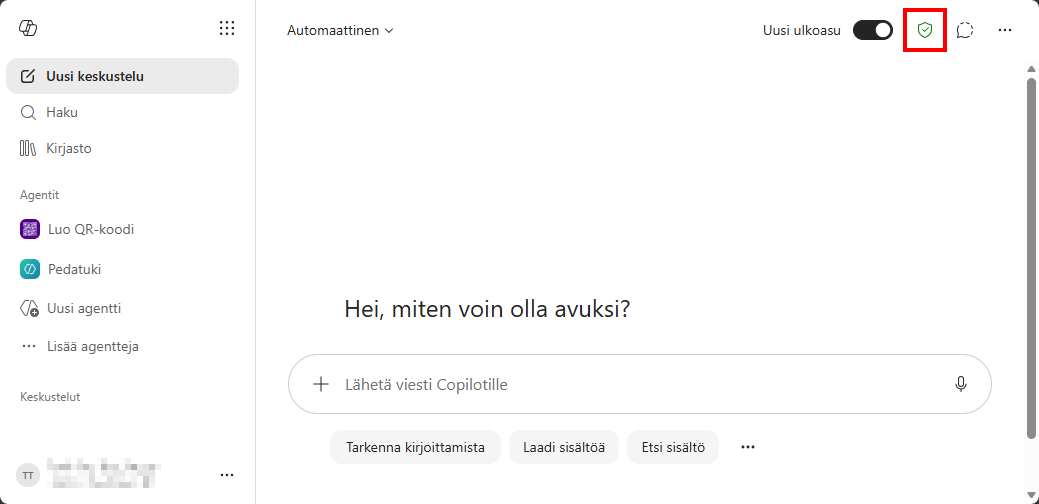 Copilot Chat TUNI-tunnuksella kirjautuneena.