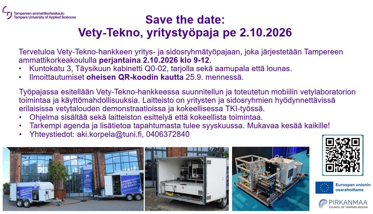 Vety-Tekno-hankkeen yritystyöpaja järjestetään perjantaina 2.10.2026.