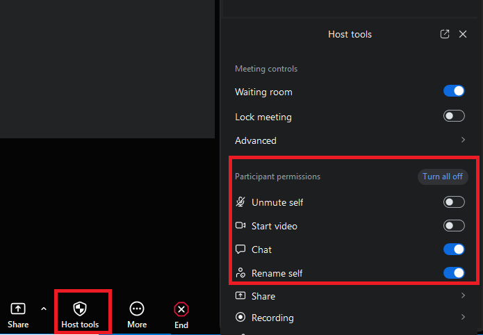 Zoom Host tools-valikko.
