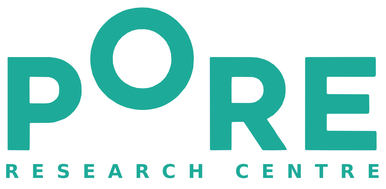 Logo including text PORE Research Centre in turquoise color.