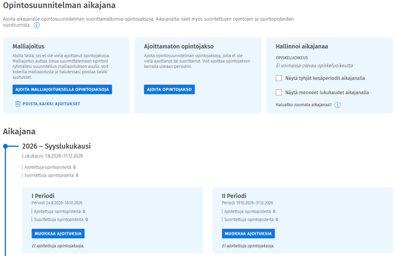 Sisu - opiskelijan ajoitusnäkymä.