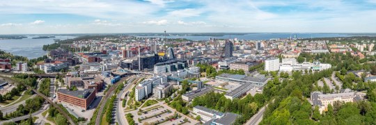 Aerial picture of Tampere and the city centre campus of Tampere University.